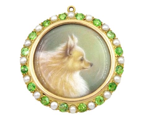 Early 20th century gold demantoid garnet and split pearl circular pendant, with portrait miniature of a Pomeranian to both si