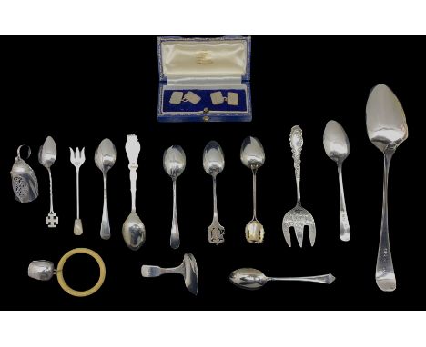 George III silver fiddle pattern caddy spoon Birmingham 1817 maker Joseph Willmore, George III silver table spoon, various si