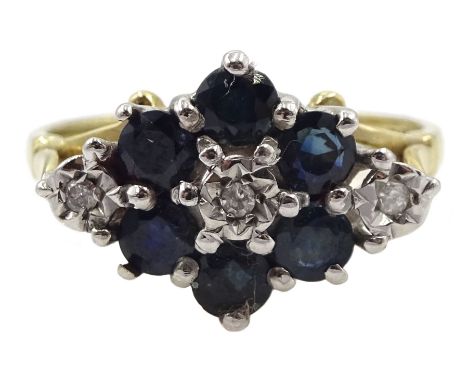 9ct gold sapphire and diamond cluster ring, Sheffield 1991Condition Report:Approx 2.8gm, size L-M, head length = 15mm, good c