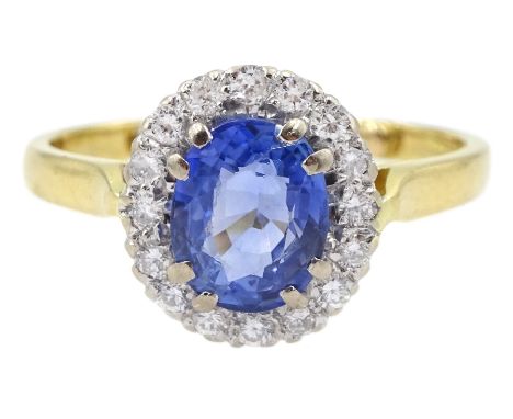18ct gold oval light blue Ceylon sapphire and round brilliant cut diamond cluster ring, London 1995, sapphire approx 1.60 car