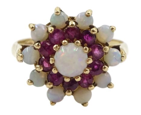 9ct gold opal and ruby cluster ringCondition Report:Approx 3gm, size J-K, head diameter = 14mm, tested 9ct