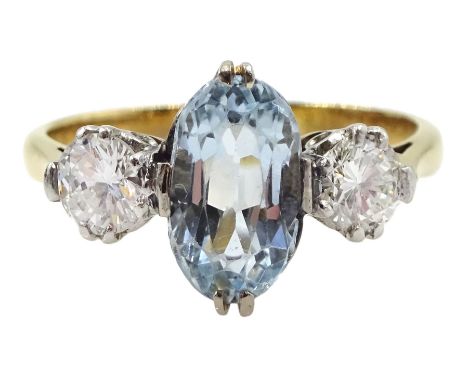 Gold three stone oval aquamarine and round brilliant cut diamond ring, stamped 18ct Plat, aquamarine approx 1.00 carat, total