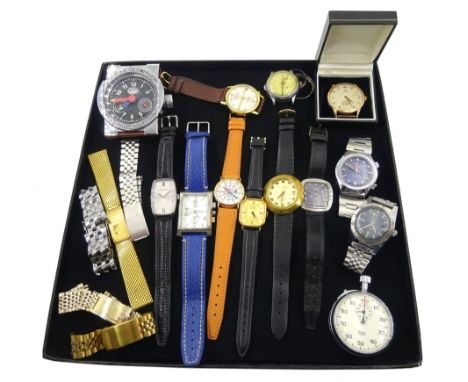 Heuer chrome stopwatch and a collection of wristwatches including Droz 25 jewels , Tegrov, Roamer, Oris, Cyma and Favre-Leuba