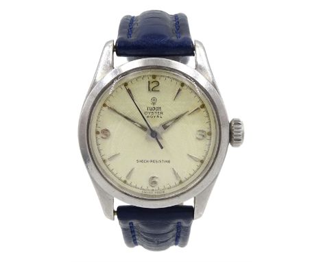 Tudor Oyster Royal gentleman's stainless steel manual wind wristwatch, Ref. 7903, Cal. 1182 with honeycomb dial, on blue leat