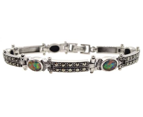Silver opal and marcasite bracelet, stamped 925Condition Report:Length = 17.5cm, good condition