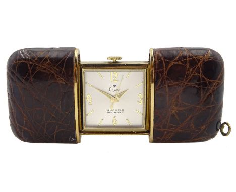 Art Deco gold-plated purse watch by Stowa, stamped US PAT 2640668 US PAT 2719402, in brown snake/crocodile skin caseCondition