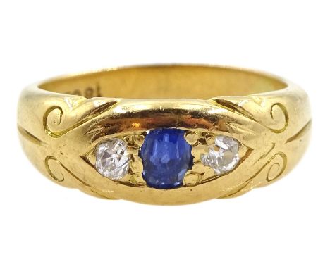 Early 20th century gold sapphire and old cut diamond diamond ring, stamped 18ctCondition Report:Approx 4.4gm, size I, max dep