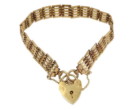 9ct gold five bar gate bracelet with heart locket clasp, hallmarkedCondition Report:Approx 16gm, good condition