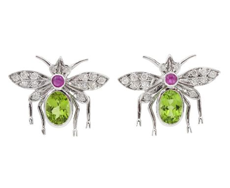 Pair of 18ct white gold round brilliant cut diamond, cabochon ruby and oval peridot insect stud earringsCondition Report:Appr