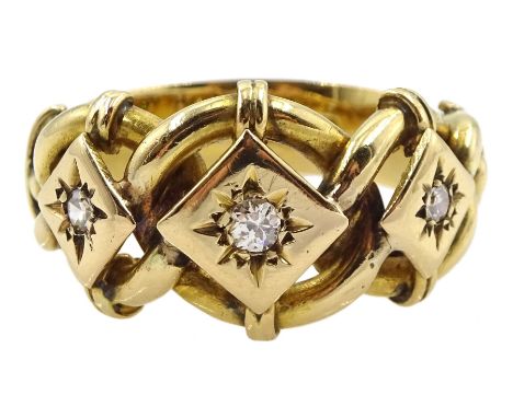 Early 20th century 18ct gold three stone diamond knot design ring, makers mark C S, London 1919Condition Report:Approx 13.05g