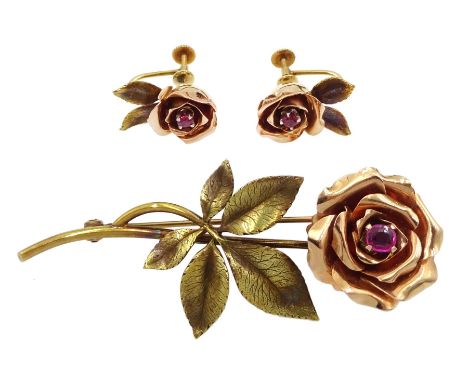 14ct gold yellow and rose gold rose brooch set with a ruby and pair of matching screw back earrings stamped, both stamped 14K