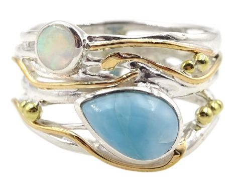 Silver and 14ct gold wire opal and larimar ring, stamped 925 Condition Report:Size P, max band depth 14mm