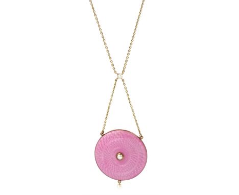 Edwardian 15ct gold circular pink guilloche enamel and pearl pendant, with glazed back containing a dried flower, on a fine l