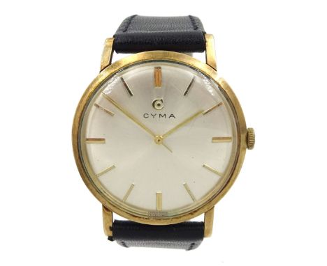 Cyma gentleman's 9ct gold manual wind presentation wristwatch, London 1965, on black leather strapCondition Report:Approx 26.