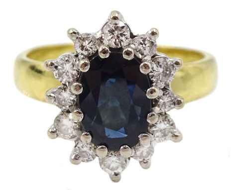 18ct gold oval sapphire and round brilliant cut diamond cluster ring, London 1974Condition Report:Approx 4.85gm, size I-J, ov
