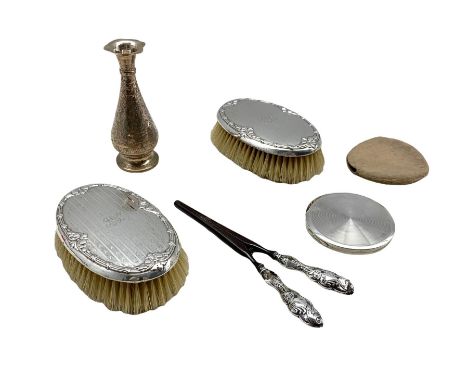 Dutch silver engine turned powder compact, pair of Edwardian silver backed brushes by Boots Pure Drug Company, Birmingham 190