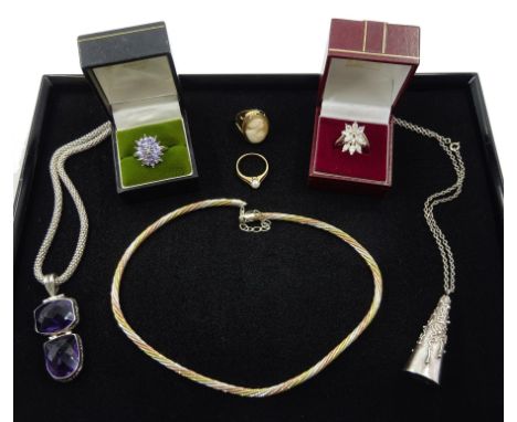 Gold single stone pearl ring, stamped 9ct, cameo ring and silver jewellery including tanzanite and diamond cluster ring, cubi