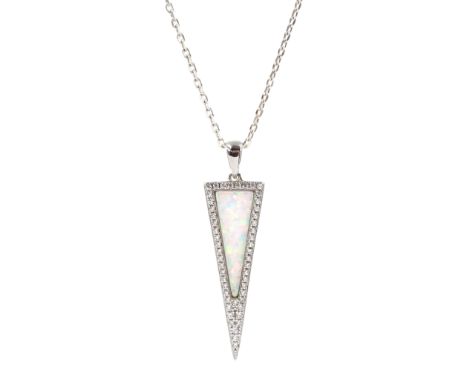 Silver opal and cubic zirconia triangle pendant necklace, stamped 925Condition Report:Chain length = 45cm, pendant length = 3
