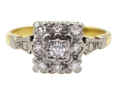 Gold square shaped round cut diamond cluster ring, stamped 18ct PlatCondition Report:Approx 3.25gm, size K-L, head diameter =