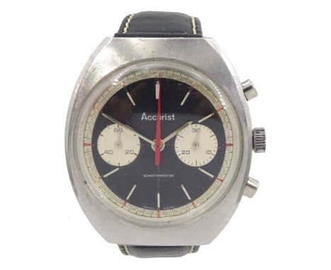 Accurist Shockmaster gentleman's stainless steel manual wind chronograph wristwatch, black enamel dial, with two silver regis