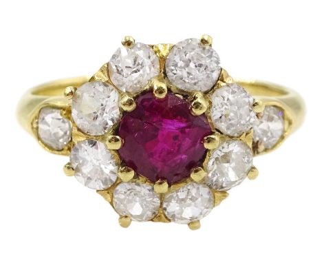 18ct gold ruby and old cut diamond cluster ring, total diamond weight approx 1.25 caratCondition Report:Approx 4.3gm, tested 