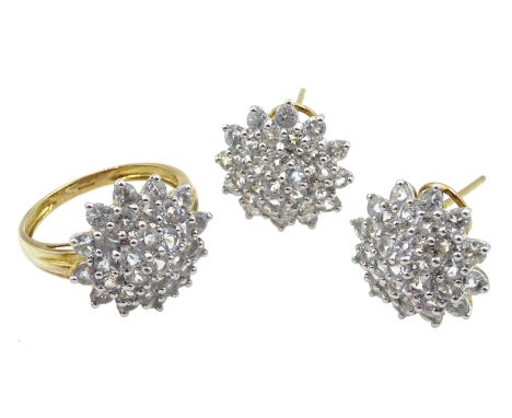 Gold light blue stone set cluster ring and pair of matching stud earrings, all hallmarked 9ctCondition Report:Approx 8.8gm, r