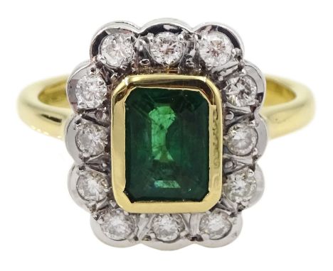 18ct gold emerald and round brilliant cut diamond cluster ring, stamped 750 with Birmingham assay mark, total diamond weight 