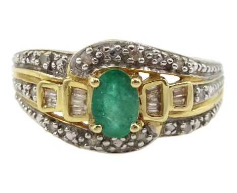 14ct gold oval cut emerald, round and baguette cut diamond cluster ring, stamped 585 with Birmingham assay markCondition Repo