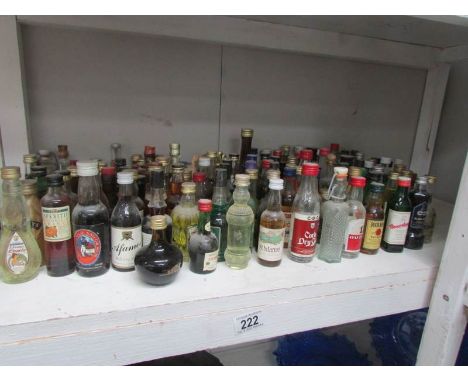 A shelf of assorted miniature wines and spirits.