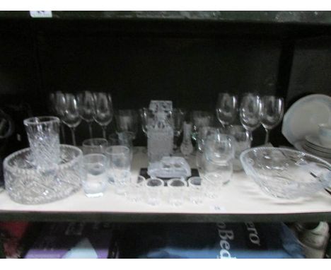 A good cut glass decanter, 2 cut glass fruit bowls, a quantity of drinking glasses and a model of a Mini in glass on plinth.