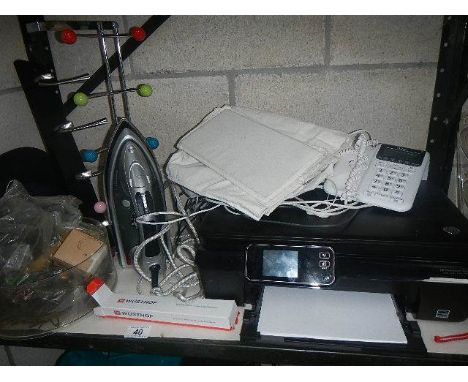 A mixed lot of household goods including electric iron, computer printer, coat hooks, copper, iron etc.,