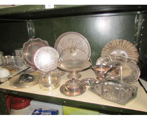 A shelf of silver plate trays etc.,