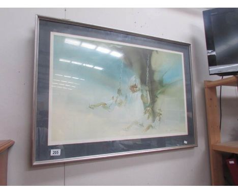 A framed and glazed limited edition print of a child on a swing, signed Carolyn Bush, 909/1500.