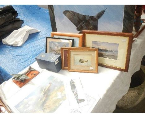 6 R.A.F related prints including signed Avro Lancaster MkIII, model on plinth a/f etc.,