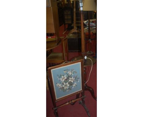 Occasional furniture to include; mahogany standard lamp, oak and copper bound plant stand, Victorian rosewood and tapestry in