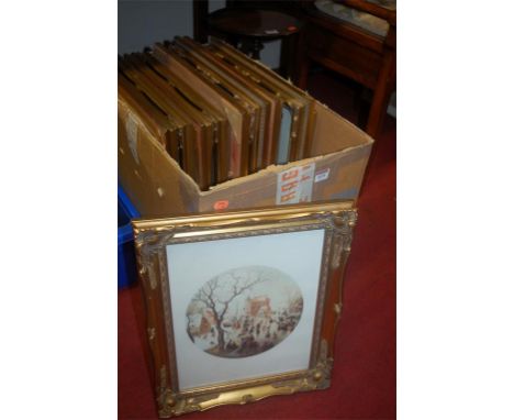 A box of assorted reproduction gilt framed prints *** to include a set of eight Holbein portrait drawings in gilt frames ***