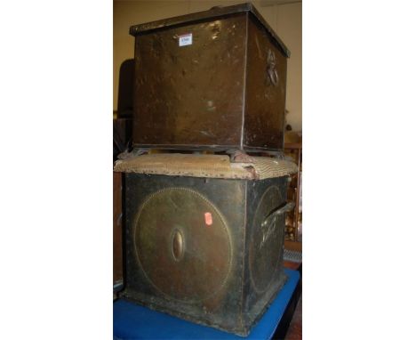 Two brass fuel depots, together with a portable coal bucket and sundry tools