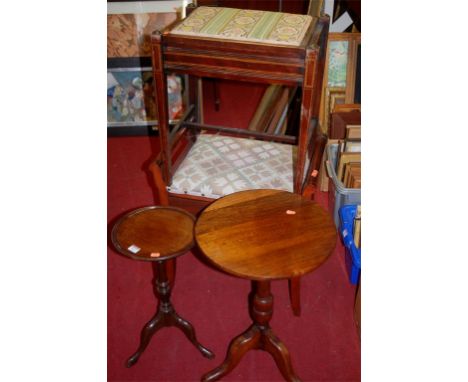 A mahogany pedestal wine table, fruitwood tripod table, a mahogany music seat with base drawer, and a dressing stool (4)