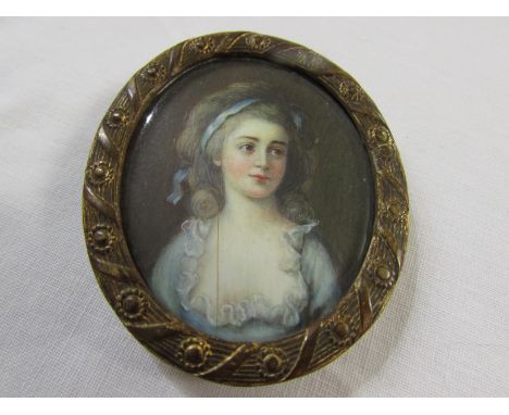 A fine early hand painted oval miniature coloured portrait of Victorian lady on ivory (4.6cm x 3.7cm), in glass frame