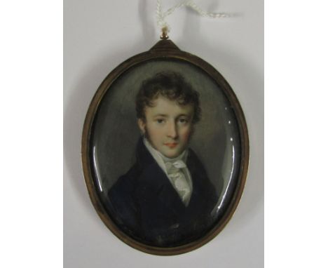 A fine early hand painted oval miniature coloured portrait of Victorian gentleman on ivory (5.9cm x 4.8cm), in a frame glazed