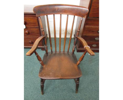 19th century elm stick back armchair with curved arm rests, turned legs and stretcher, 93cm x 59cm