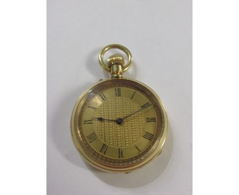 Yellow metal open face lady's fob watch, Roman chapter with engine turned dial (diameter 3cm), the inner and outer back plate