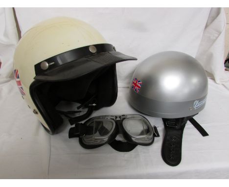 Halcyon motorcycle goggles, Cromwell motorcycle helmet and one other motorcycle helmet