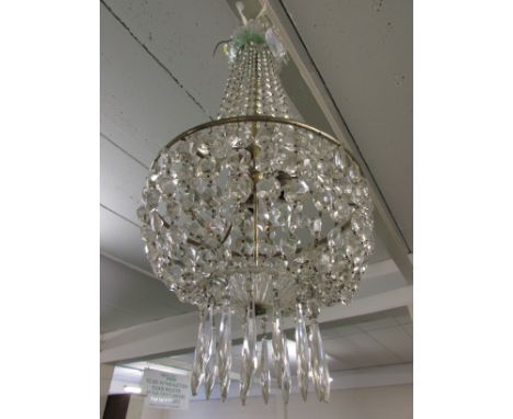 Lustre drop and pendant glass chandelier, overall height 80, diameter of ring 35cm, electrical fitting for five bulb fittings