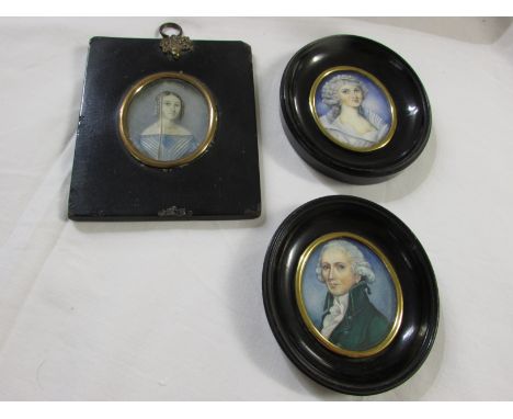 Three miniature painted portraits - Lady with pearls in hair and Gentleman in green coat; and an oval miniature painted portr