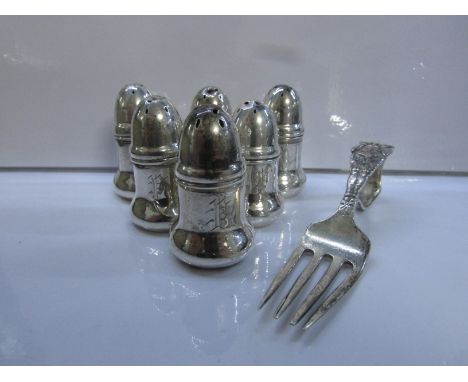 Six small white metal pepper pots, 4.5cm, engraved with initial P and stamped sterling (1 ozt) and a metal fork with looped h