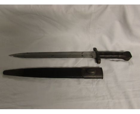 A bayonet in sheath, the blade stamped 3 01 SANDERSON SHEFFIELD, to the other side arrow, crown, S 75 X, length including han