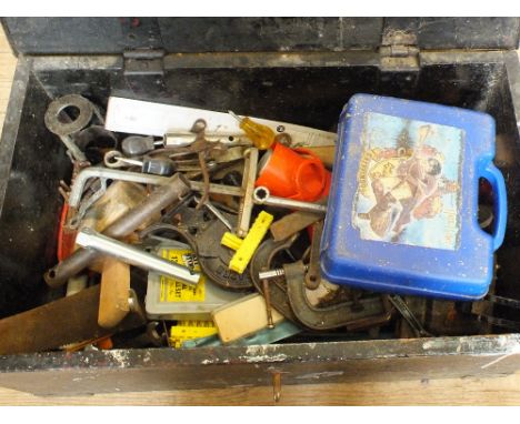 A black painted pine workbox with various tools including clamps, sockets etc
