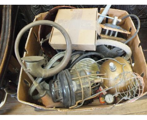 A collection of retro car related items including Shell and BP petrol cans, lights, Tilly lamp, car horn etc