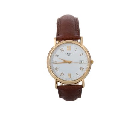 TISSOT NINE CARAT GOLD QUARTZ WRIST WATCH the round dial with Roman hour markers, outer seconds track in gold, 33mm case, on 